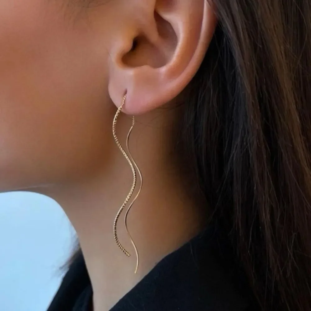 Anthropologie Gold Wavy Threader Drop Earrings